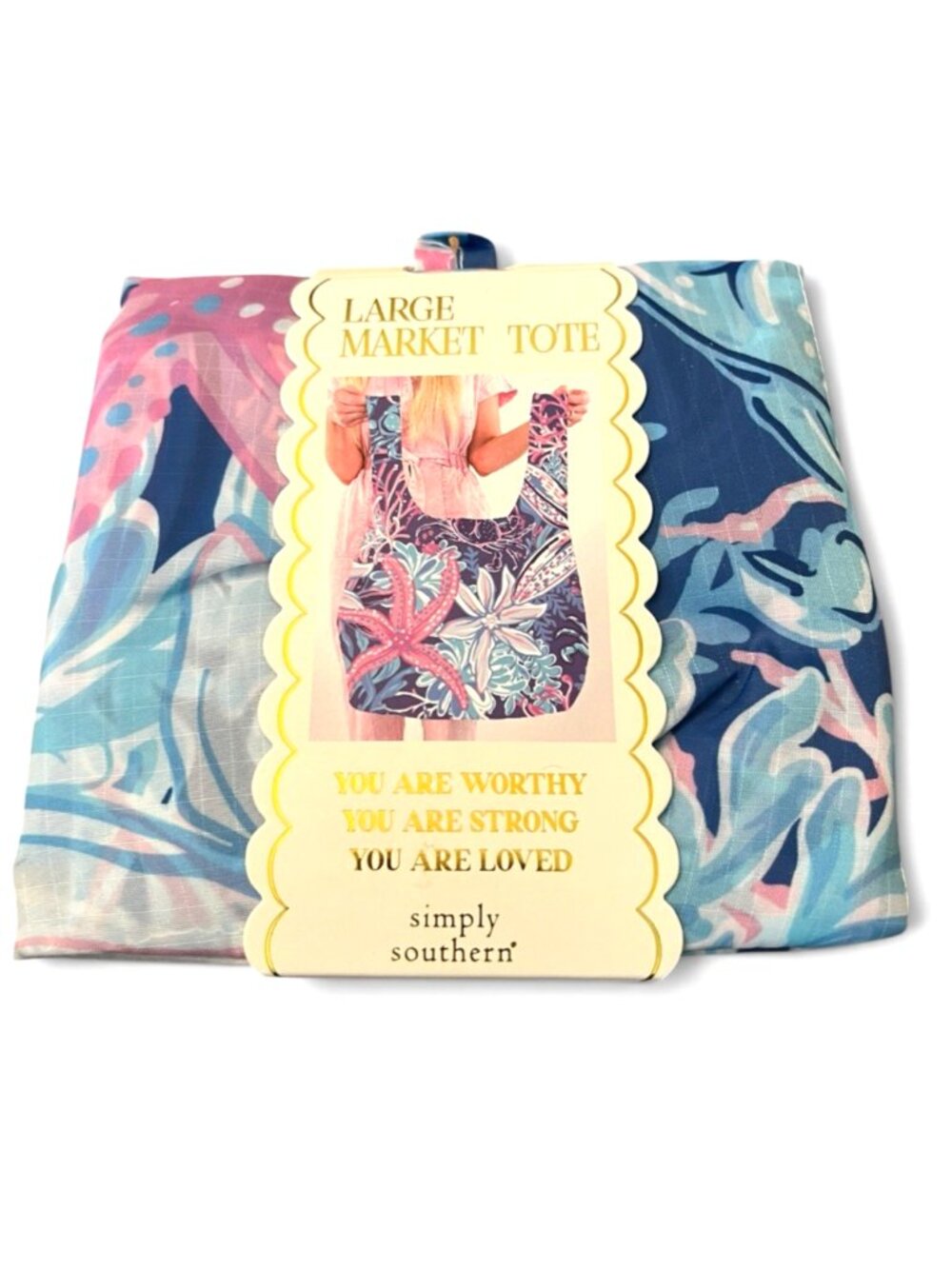 Simply Southern Pink Blue Starfish Beach Packable Large Market Tote Bag New